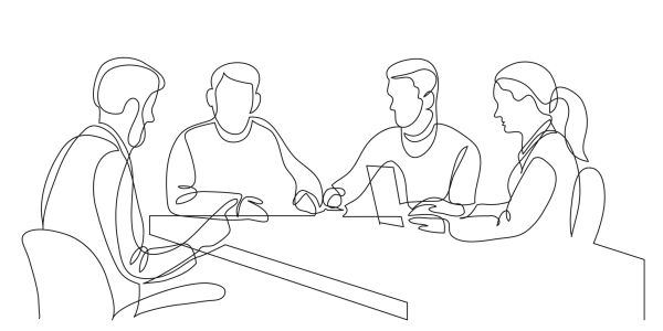 line drawing of people in a meeting room